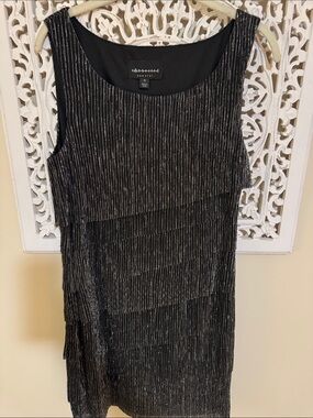connected apparel Black Metallic-Striped Layered Mini Dress